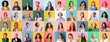 Collage of beautiful women on color background