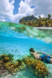 © Soloviova Liudmyla - Diving teenage boy snorkeling over the coral reefs underwater photo in the clean turquoise lagoon on Le Morne palm trees beach with Le Morne Brabant mount. Mauritius island. Exotic traveling concept.