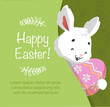 Happy easter card with cute white bunny and easter egg. Cartoon character rabbit.