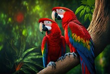 Red Macaw Parrots In Love Perched On A Tree. Generative AI