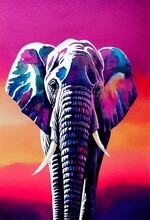 Funny Adorable Portrait Headshot Of Cute African Elephant. African Land Animal Standing Facing Front. Looking To Camera. Watercolor Imitation Illustration. AI Generated Vertical Artistic Poster.