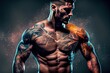© Felix - double exposure photo realistic illustration of well trained crossfit athlete man with a ripped masculine male body, generative ai