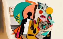 Guitar Musical Illustration. Trendy Art Paper Collage Design. Generative Ai