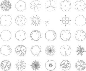 collection of minimalistic black and white tree illustration vector sketch designs viewed from above