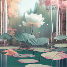Generative AI:  Waterlilly With Lotus Flower In A Calm Pond