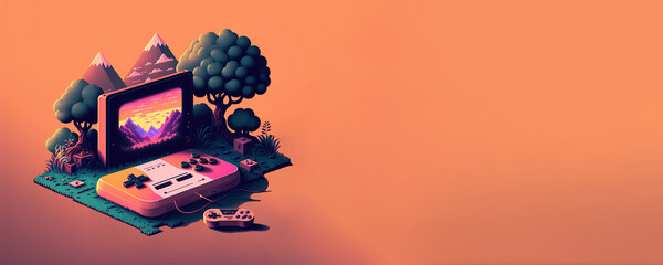 Video game controller concept with a colourful backdrop isometric style