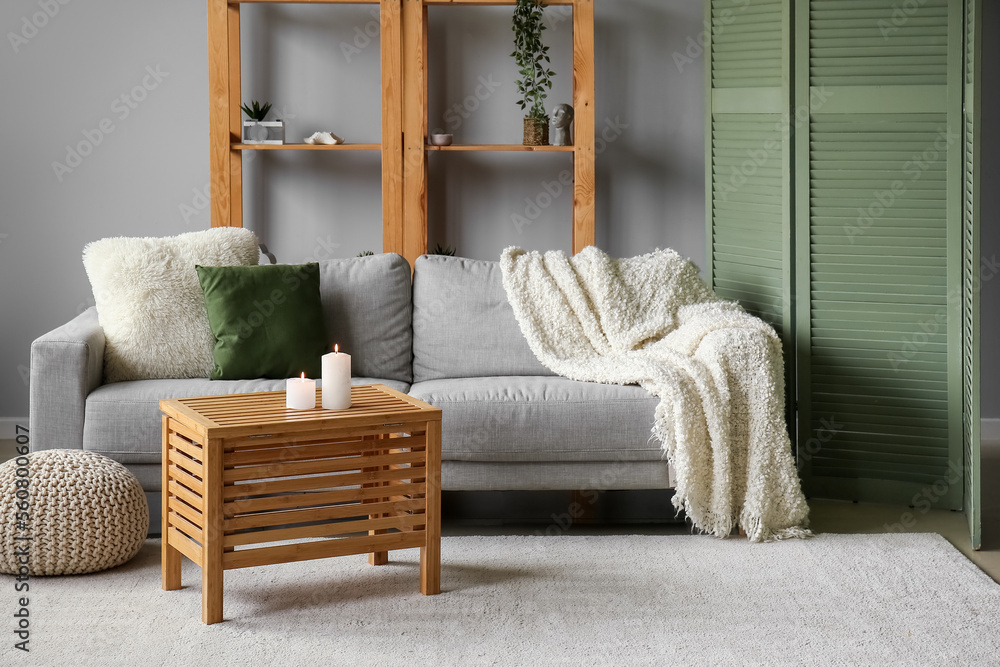 Interior of living room with sofa, shelving unit and folding screen