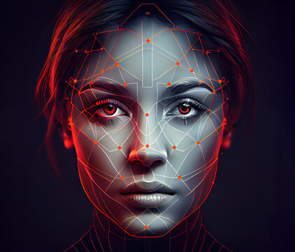 Face Recognition concept. An illustration of a female face with a  lines and dots overlay. Generative AI
