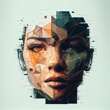 Face Recognition Concept. An Illustration Of A Female Face With A Planes And Lines Overlay.