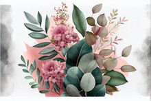 Watercolor Image Of A Bouquet Of Pink Flowers And Green Leaves. Generative AI