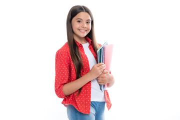 Wall Mural - Teenager school girl study with books. Learning knowledge and kids education concept. Portrait of happy smiling teenage child girl.