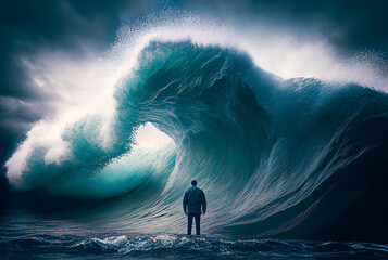 Disheartened Man Standing in the Midst of Turbulent Crashing Waves. Feeling of Overwhelming Demands - Generative AI.