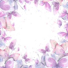 Lilac, Pink And Blue Butterflies With Splashes Of Paint. Watercolor Illustration. Template From The Collection Of CATS AND BUTTERFLIES. For The Design And Decoration Of Prints, Postcards, Posters