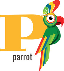 Poster - P letter symbol. Parrot card. Alphabet word