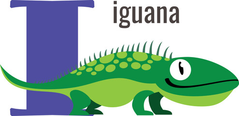 Poster - I card. Alphabet letter with iguana animal