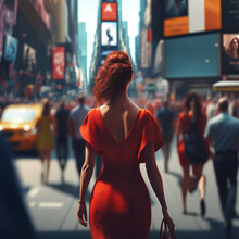Woman In A Red Dress Walking In Middle Of The Times Square