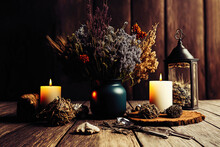 Dark Brown Wooden Table With Colorful Dried Flowers, Herbs, And Candles, Rustic Illustration