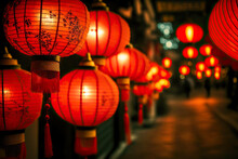 Round Red Lanterns Adorning Street During Celebration Of Eastern Chinese New Year