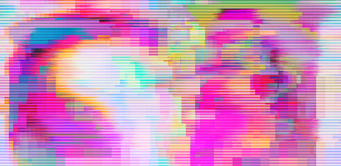 Poster - Abstract retrowave background with digital pixel noise glitch artifacts like in old video VHS tape.