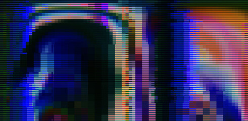 Wall Mural - Abstract retrowave background with digital pixel noise glitch artifacts like in old video VHS tape.