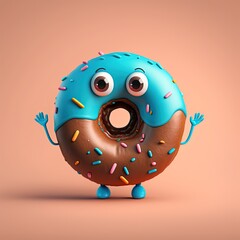 Wall Mural - Cute Cartoon Chocolate Donut with Sprinkles (Generative AI)