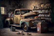 Rustic Truck In Old Garage - Loose Tools On Floor And Oil Cans - Wall Decoration Image - Poster, Generative AI