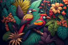 Bring Life And Color To Your Decor With Tropical Forest 3D Digital Art - Multicolor Birds, Plants, And Flowers, Generative AI