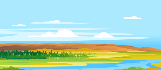 Panorana of spruce forest summer landscape background near the river in simple geometric form, wildlife panorama of nature with river in summer day with blue sky, hills and forest far away