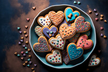 Valentine's Day Flat Lay Design, Heart Shaped Cookies In A Bowl. Generative AI