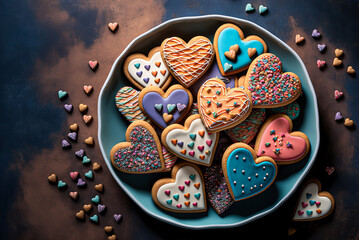 Wall Mural - Valentine's Day flat lay design, heart shaped cookies in a bowl. Generative AI