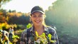 © ihorvsn - Portrait shot of young beautiful Caucasian woman standing outside with tree seedling in pot and smiling cheerfully.
