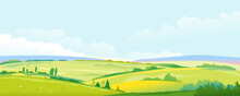 Big panorama of fields and meadows, summer countryside with green hills, rural landscape, summer sunny glades with flowers, agricultural land with pastures, travel concept illustration