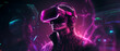 © catalin - AI Cool man with VR headset and technology HUD Games and entertainment of the digital technology metaverse of the future, a young creative man wearing a virtual reality headset, Generative AI