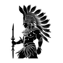 Black Vector Illustration Of An Aztec Warrior Isolated On A White Background.
