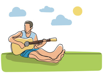 Poster - continuous line drawing sitting playing guitar colored - PNG image with transparent background