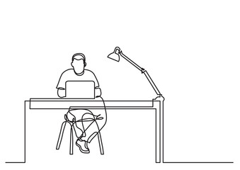 Poster - one line drawing man working desk with laptop - PNG image with transparent background