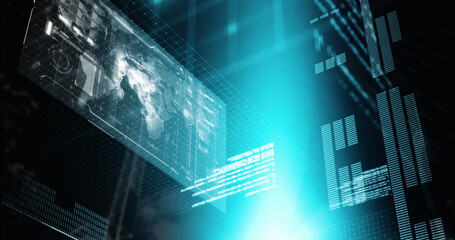 Image of data processing over globe on screen in background