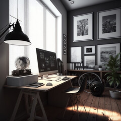 Wall Mural - Home office desk workspace with laptop, big windows Modern loft Scandinavian interior design concept. Freelancer's workspace. Generative AI