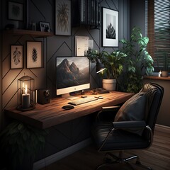 Wall Mural - Home office desk workspace with laptop, big windows Modern loft Scandinavian interior design concept. Freelancer's workspace. Generative AI