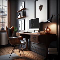 Wall Mural - Home office desk workspace with laptop, big windows Modern loft Scandinavian interior design concept. Freelancer's workspace. Generative AI