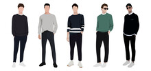 Group Fashion Men In Modern Trendy Outfits. Young People Wearing Stylish Casual Summer Clothes. Colored Flat Graphic Vector Illustration Of Fashionable Man Isolated On White Background