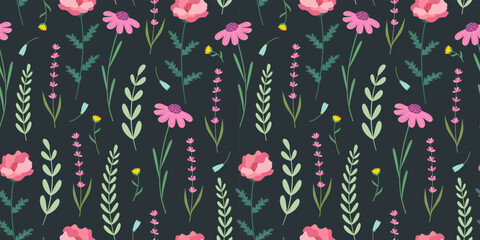 Wall Mural - Floral seamless pattern. Vector design for paper, cover, fabric, wallpaper decor, greeting card. Flat cartoon style.