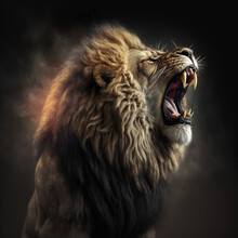 Lion Roaring With His Mouth Open On A Dark Background. Generative AI.