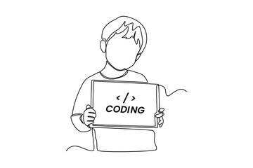 Continuous one line drawing happy programmer pointing programming code in tablet. Programming code concept. Single line draw design vector graphic illustration.