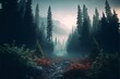 A landscape of a forest, with tall trees and a misty atmosphere Generated IA