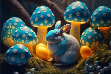 Easter bunny sitting among eggs created with generative AI technology
