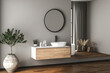Modern bathroom interior with dark brown parquet floor, white oval bathtub and two sinks, front view. Minimalist bathroom with modern furniture and city view. 3D rendering