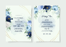 Wedding Invitation Template Set With Navy Blue Floral And Leaves Decoration