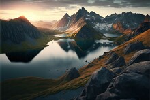 A Panoramic View Of A Mountain Range At Sunset With A Lake In The Foreground, Perfect For Outdoor And Adventure Promotions.