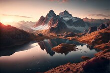 A Panoramic View Of A Mountain Range At Sunset With A Lake In The Foreground, Perfect For Outdoor And Adventure Promotions.
